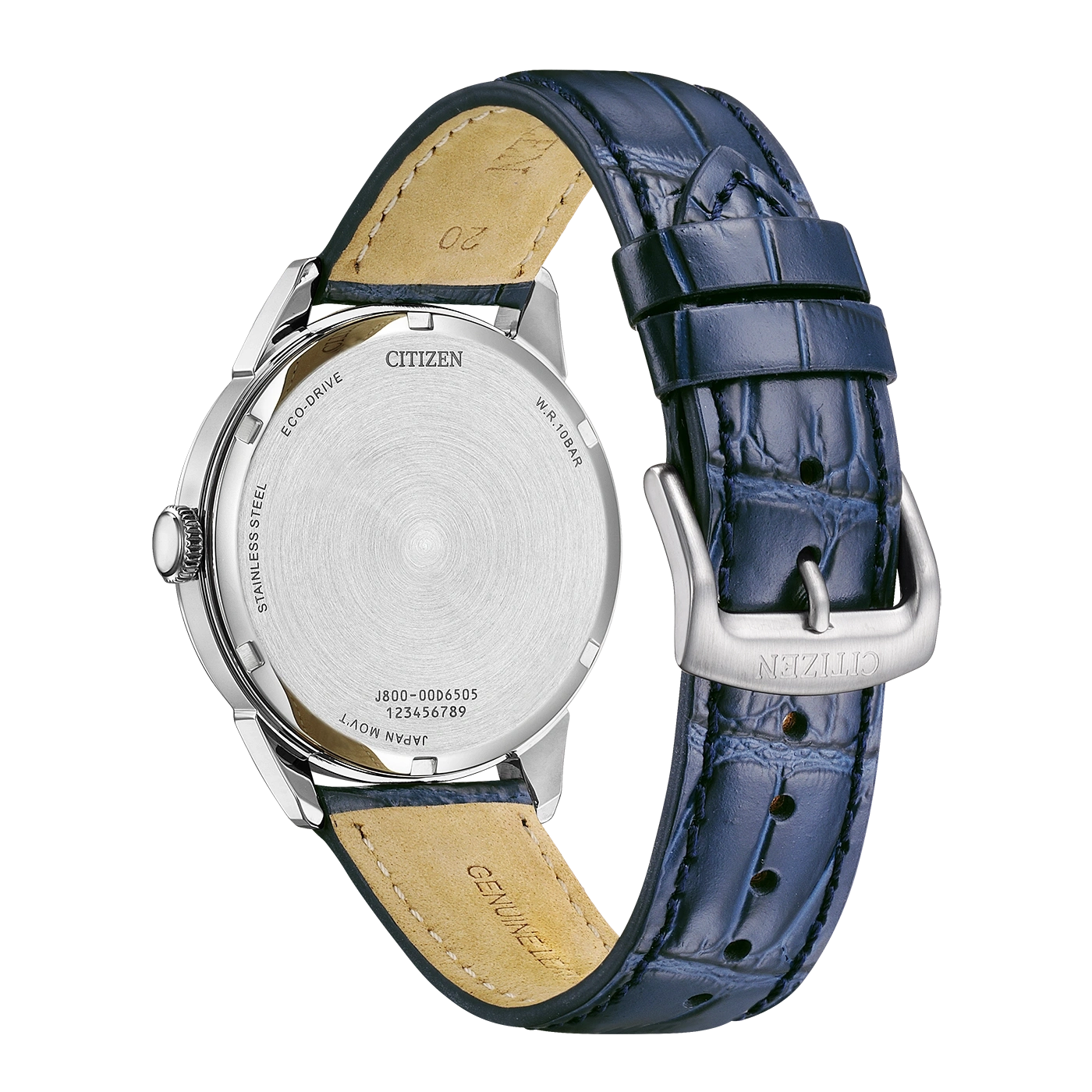 Rückseite einer blauen Leder-Citizen-Uhr mit Text.