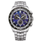 Citizen-Uhr mit blauem Zifferblatt, silbernem Armband und Chronographenfunktionen.