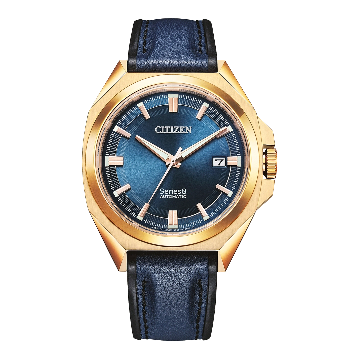 Citizen Series 8 Automatikuhr mit blauem Zifferblatt und Lederarmband