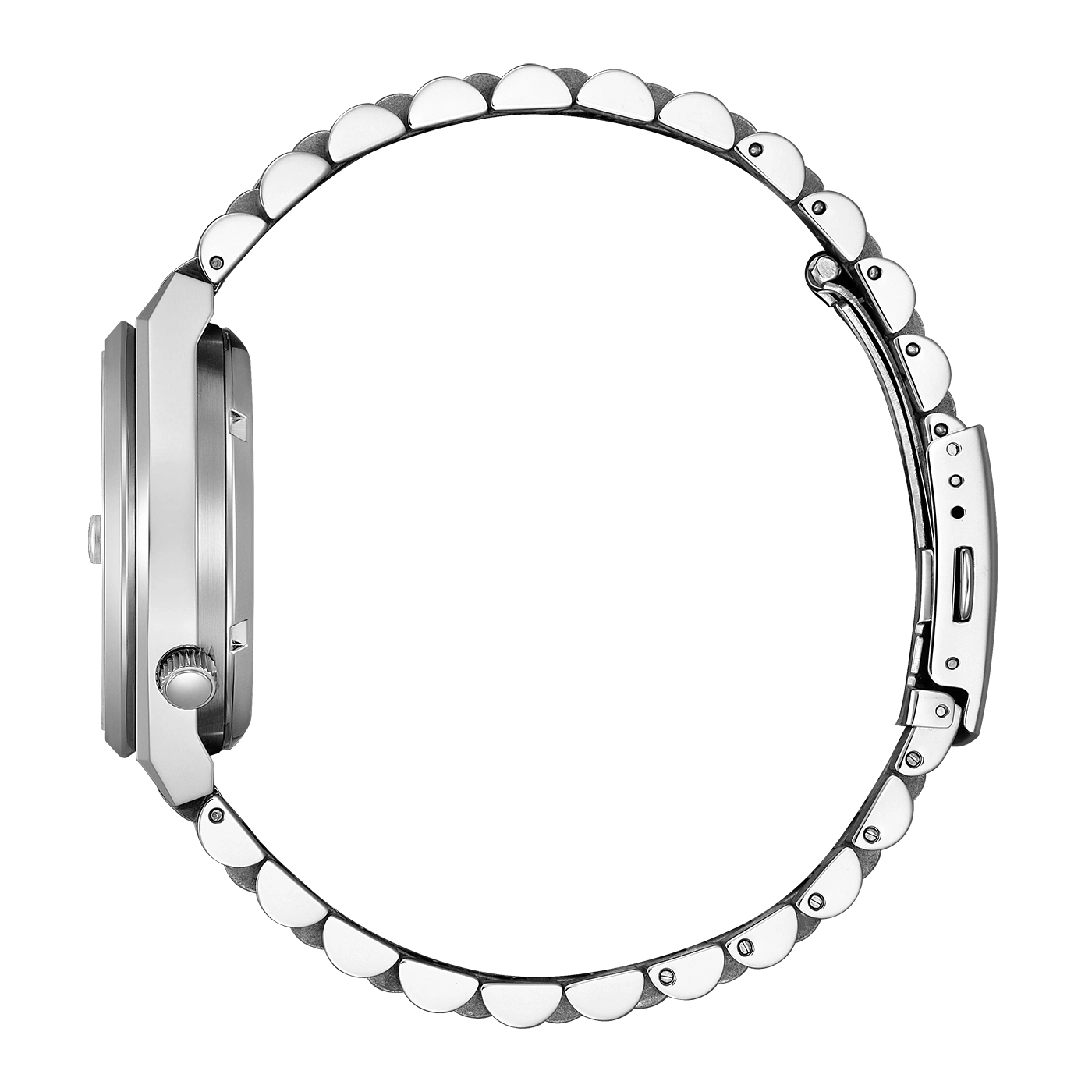 Seitenansicht einer silbernen Armbanduhr mit rundem Band und weißem Hintergrund.
