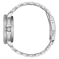 Seitenansicht einer silbernen Uhr mit Metallarmband.