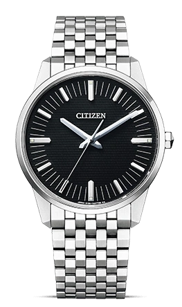 Citizen-Uhr mit schwarzem Zifferblatt und silbernem Armband.