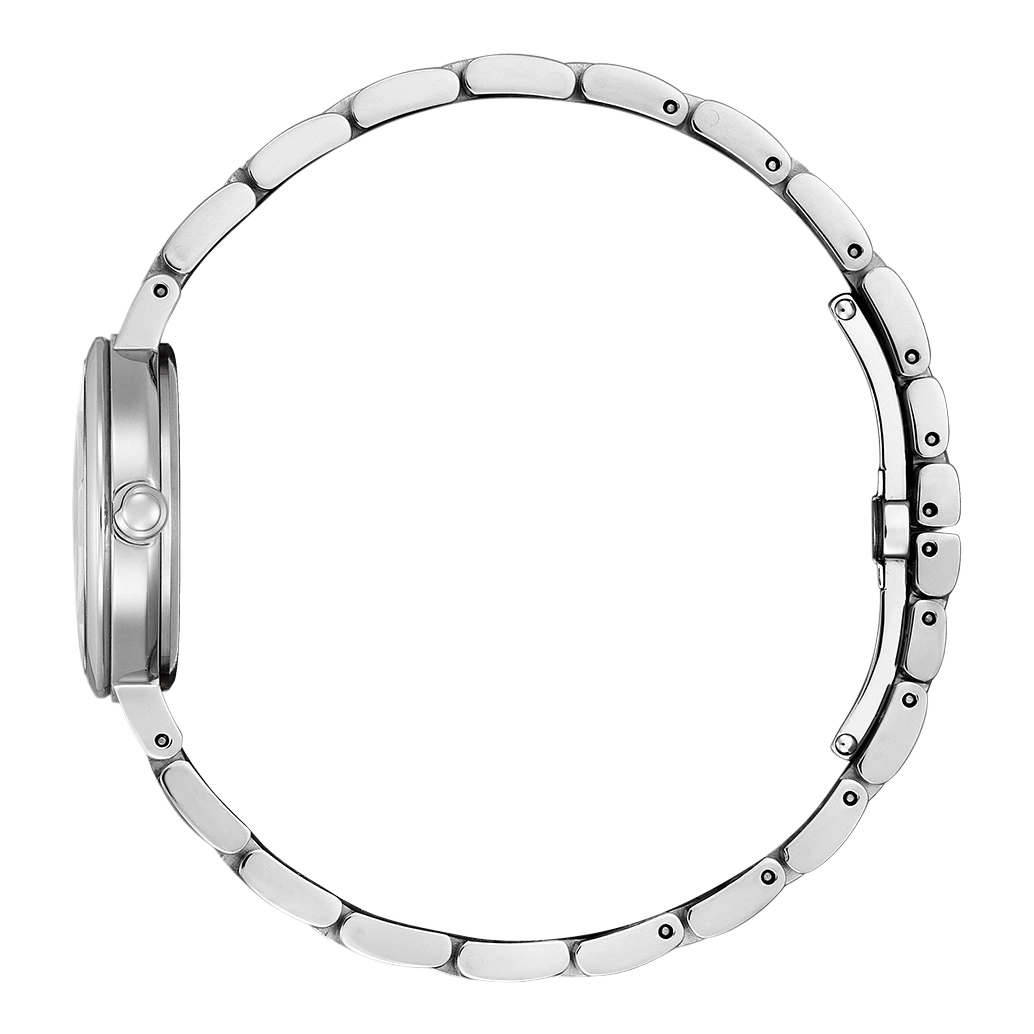 Silberne Uhr mit kreisförmigem Design und Metallarmband, Seitenansicht.