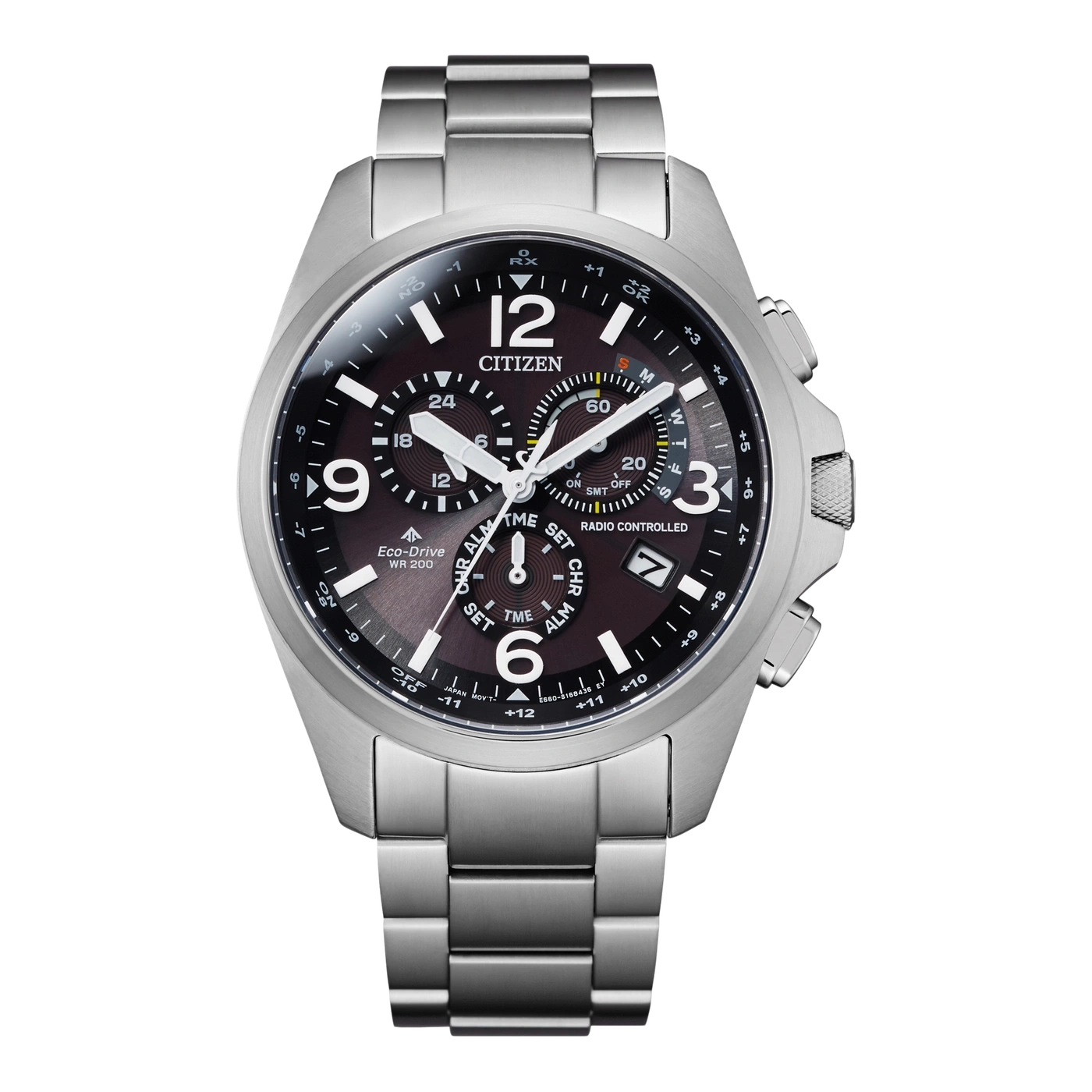 Citizen-Uhr mit dunkelbraunem Zifferblatt, Edelstahlarmband und mehreren Zifferblättern.