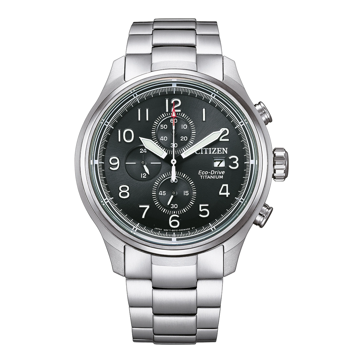 Citizen-Uhr mit schwarzem Zifferblatt, silbernem Armband und Chronographenfunktionen.