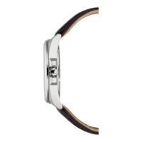 Seitenansicht einer silbernen Uhr mit braunem Lederarmband