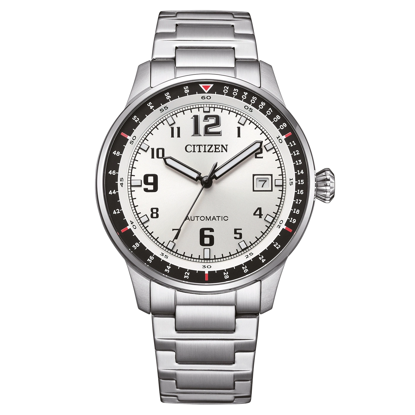 Citizen-Uhr mit silbernem Armband und weißem Zifferblatt, Automatikwerk.
