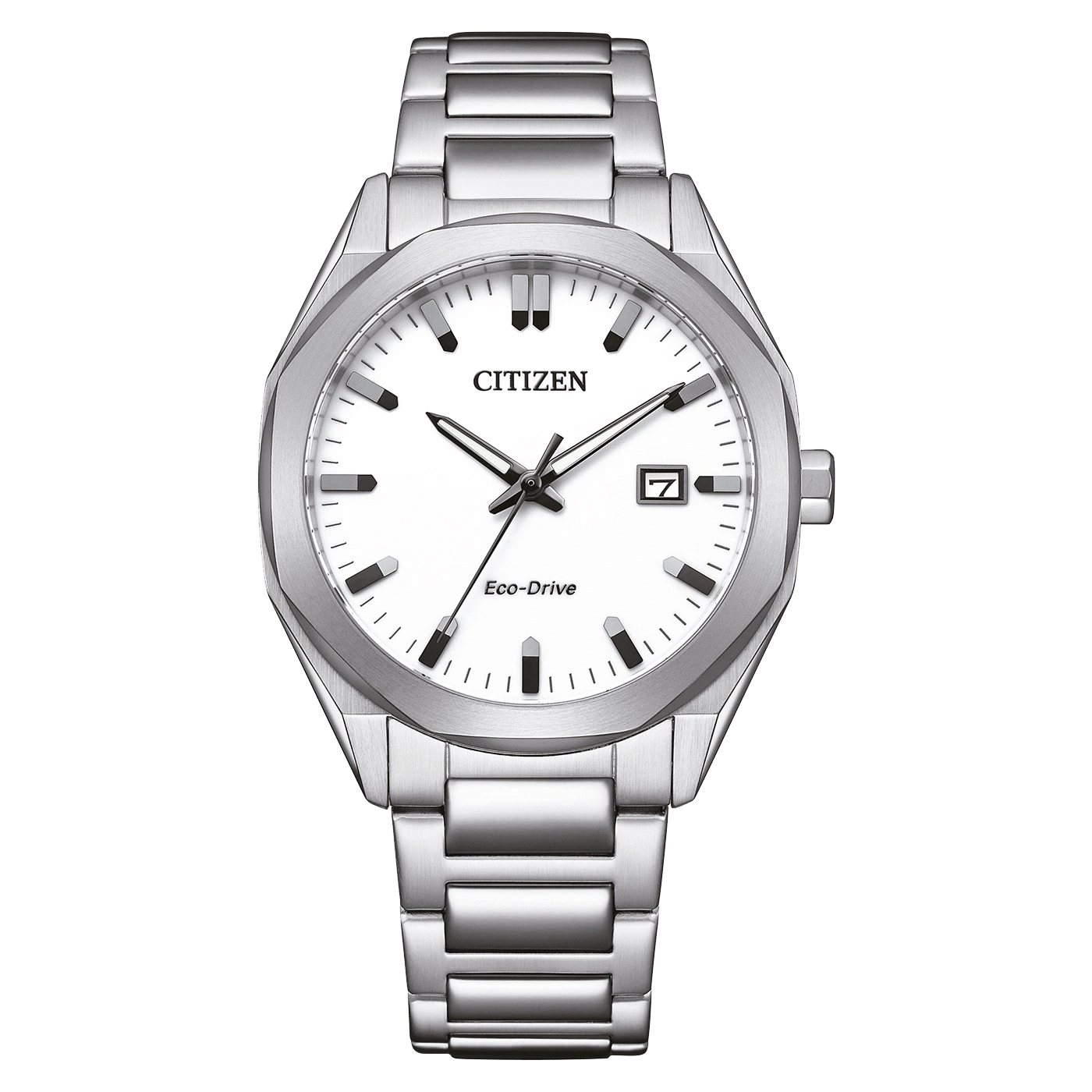 Citizen-Uhr mit weißem Zifferblatt und silbernem Armband, Eco-Drive-Technologie.