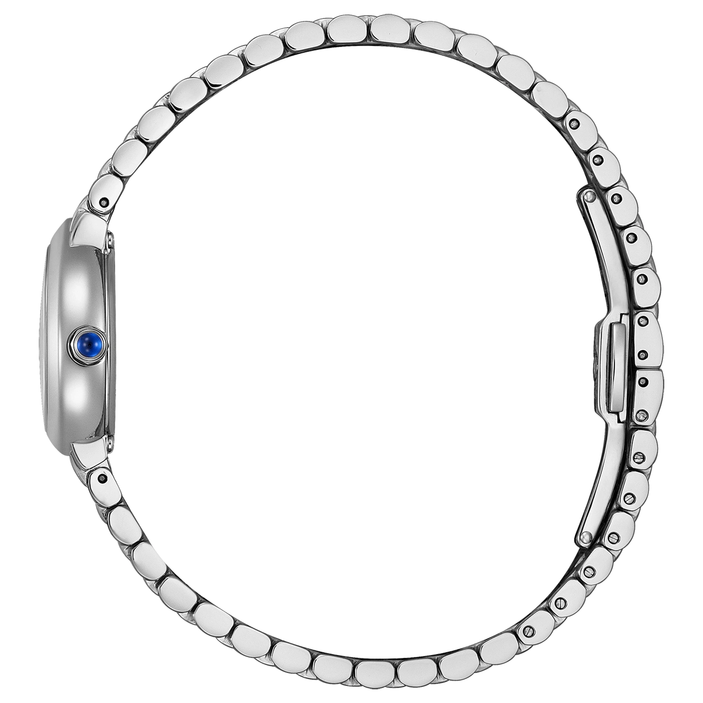 Eine Seitenansicht einer silbernen Uhr mit einem blauen Edelstein an der Seite.