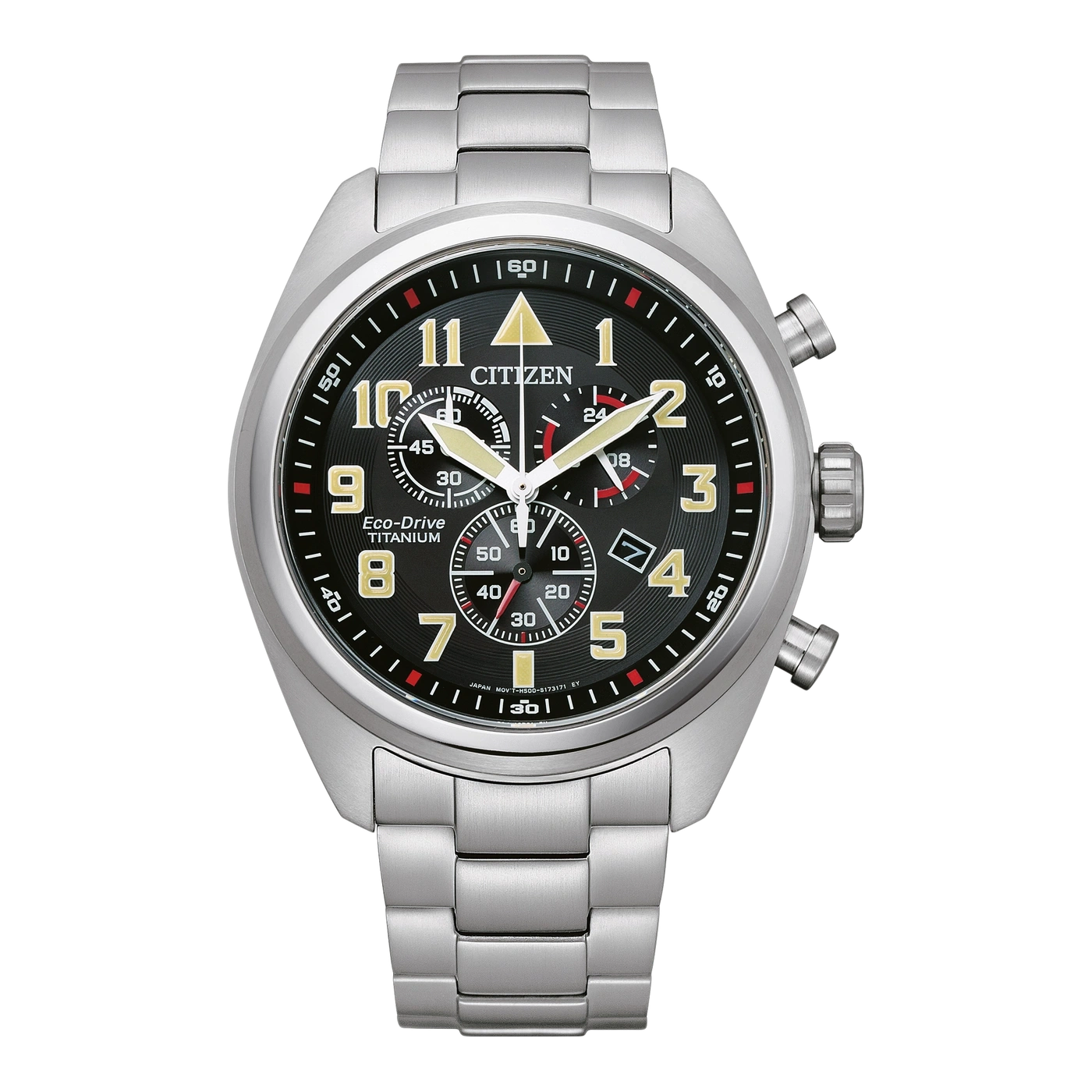 Citizen-Uhr mit schwarzem Zifferblatt, Titan, Chronograph und silbernem Armband.