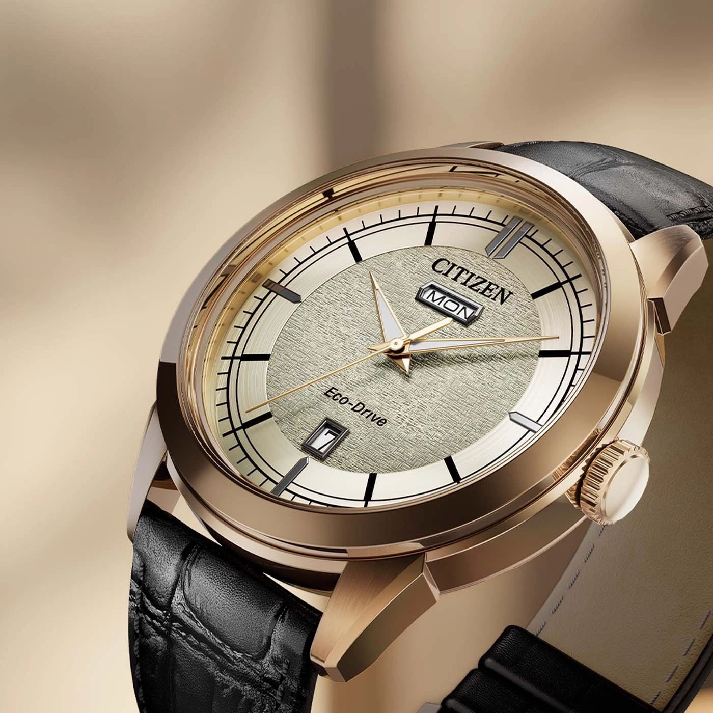 Nahaufnahme einer Citizen Eco-Drive Uhr mit goldenem Zifferblatt und schwarzem Lederarmband.