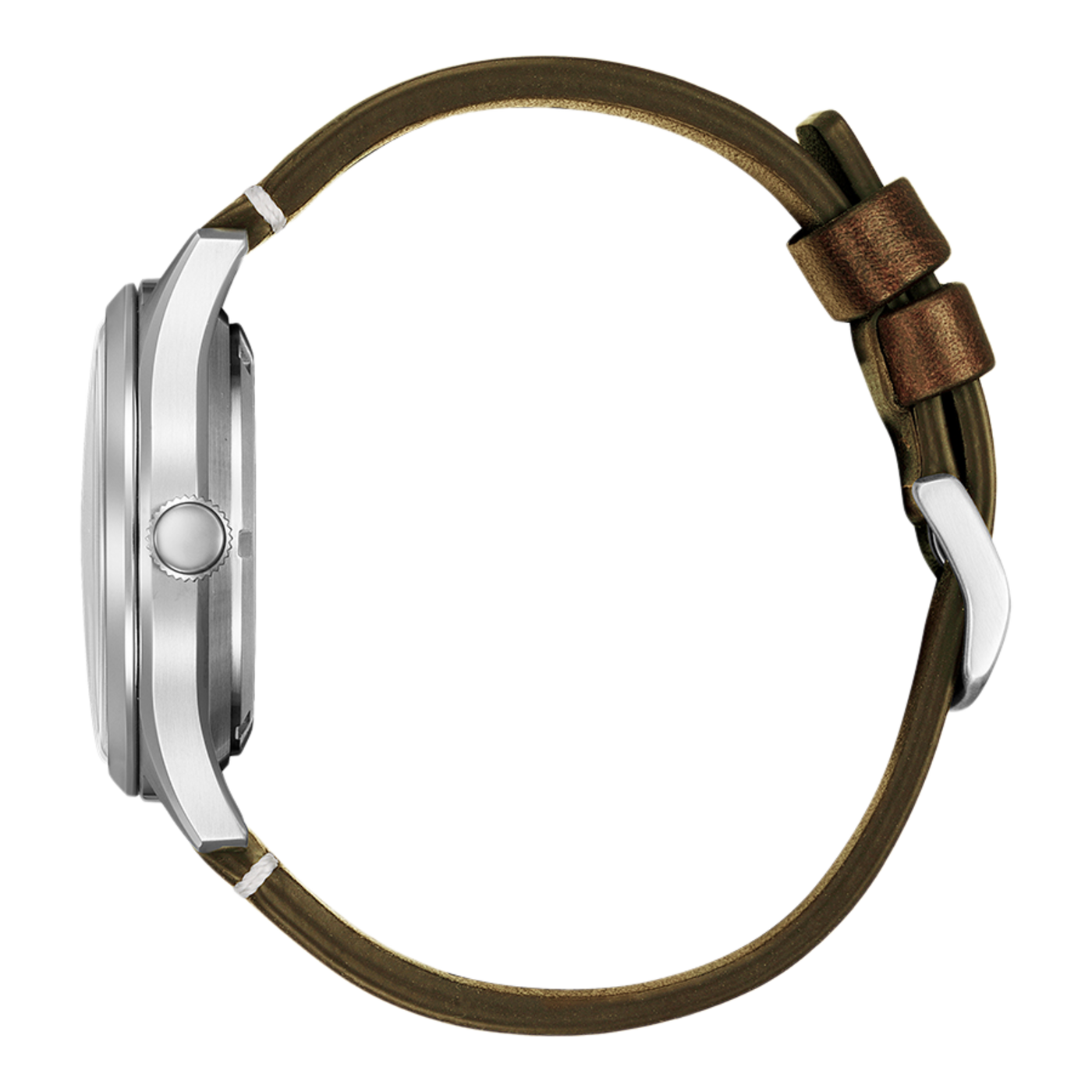 Seitenansicht einer silbernen Uhr mit braunem Lederarmband.