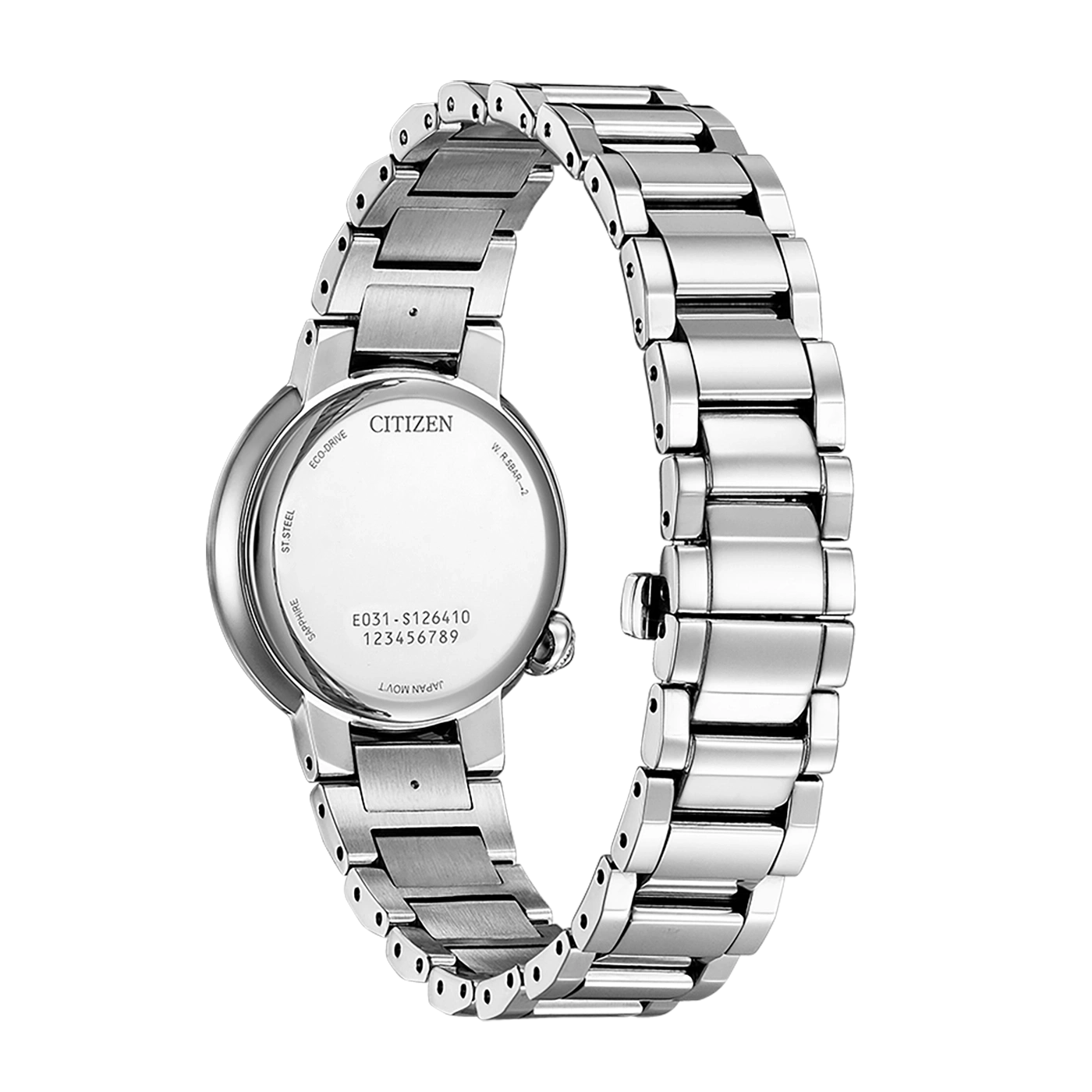 Citizen-Uhrrückseite mit Details: Eco-Drive, Saphir, Edelstahl, Japan Movt.
