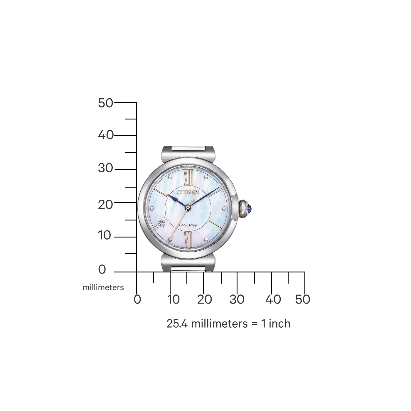 Citizen-Uhr mit Eco-Drive, silberfarben und einer Millimeterskala.