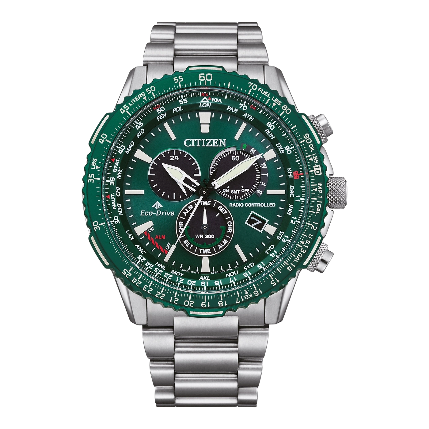 Grüne Citizen-Uhr mit mehreren Zifferblättern und Metallband, Eco-Drive-Technologie.