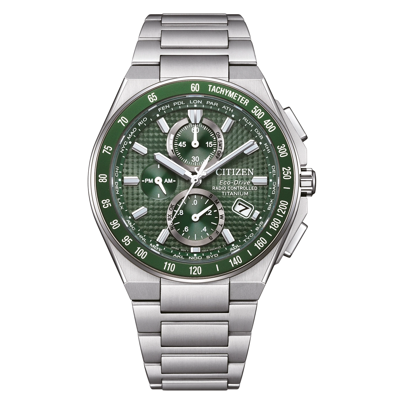Eine grüne Citizen Eco-Drive Uhr mit Metallarmband und Tachymeter.