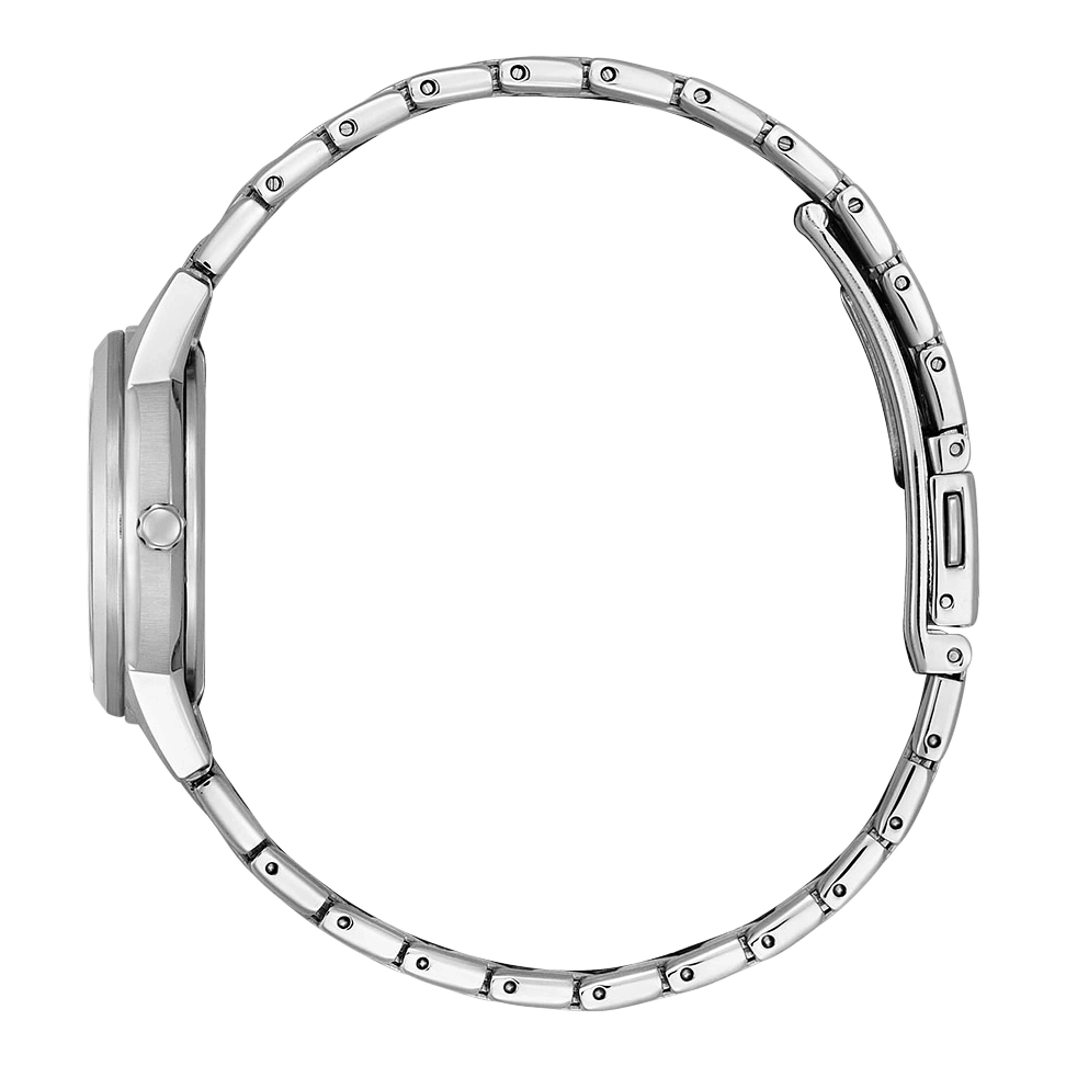 Silberne Uhr mit Metallarmband, Seitenansicht, elegantes Design, Nahaufnahme