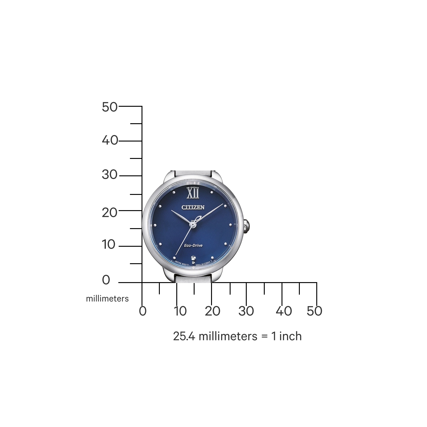 Citizen-Uhr mit blauem Zifferblatt, silbernem Armband und Eco-Drive-Technologie.