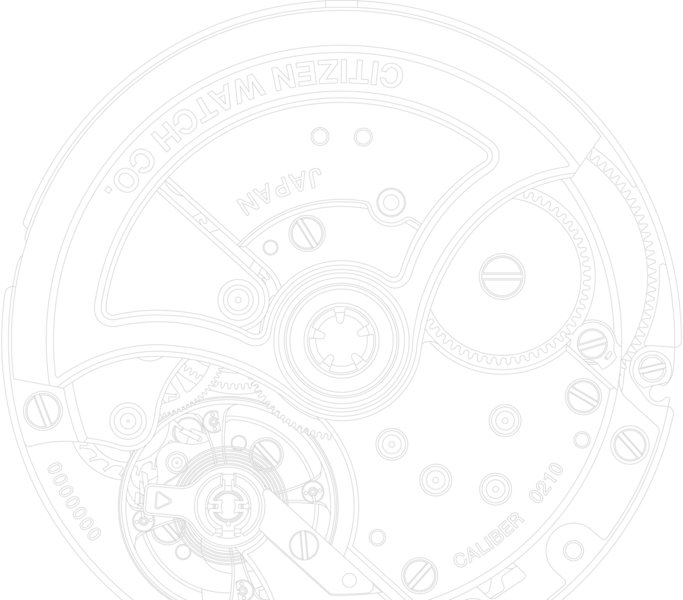 This image is a technical line drawing of a watch movement against a black background. It intricately details gears, screws, and plates, with text like "CITIZEN WATCH CO. JAPAN" and "CALIBER 0210" visible.
