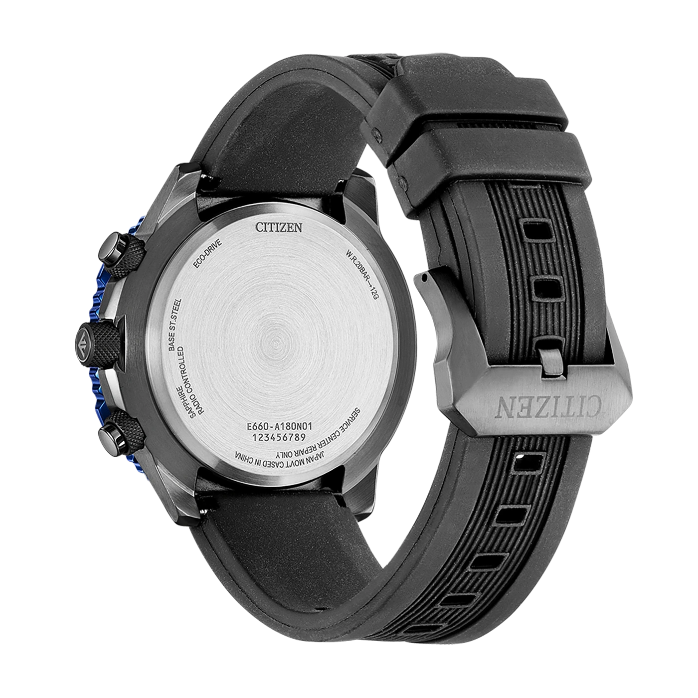 Citizen-Uhrrückseite, schwarzes Armband, Eco-Drive, Saphir, funkgesteuert, Japan.