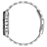 Seitenansicht einer silbernen Armbanduhr mit Metallband, elegantes Design.