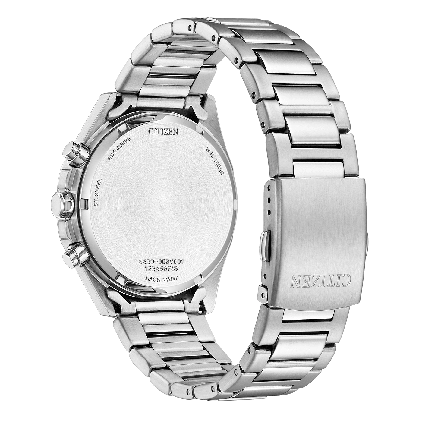 Citizen-Uhrrückseite, Edelstahl, Eco-Drive, W.R. 10BAR, Japan Movt.
