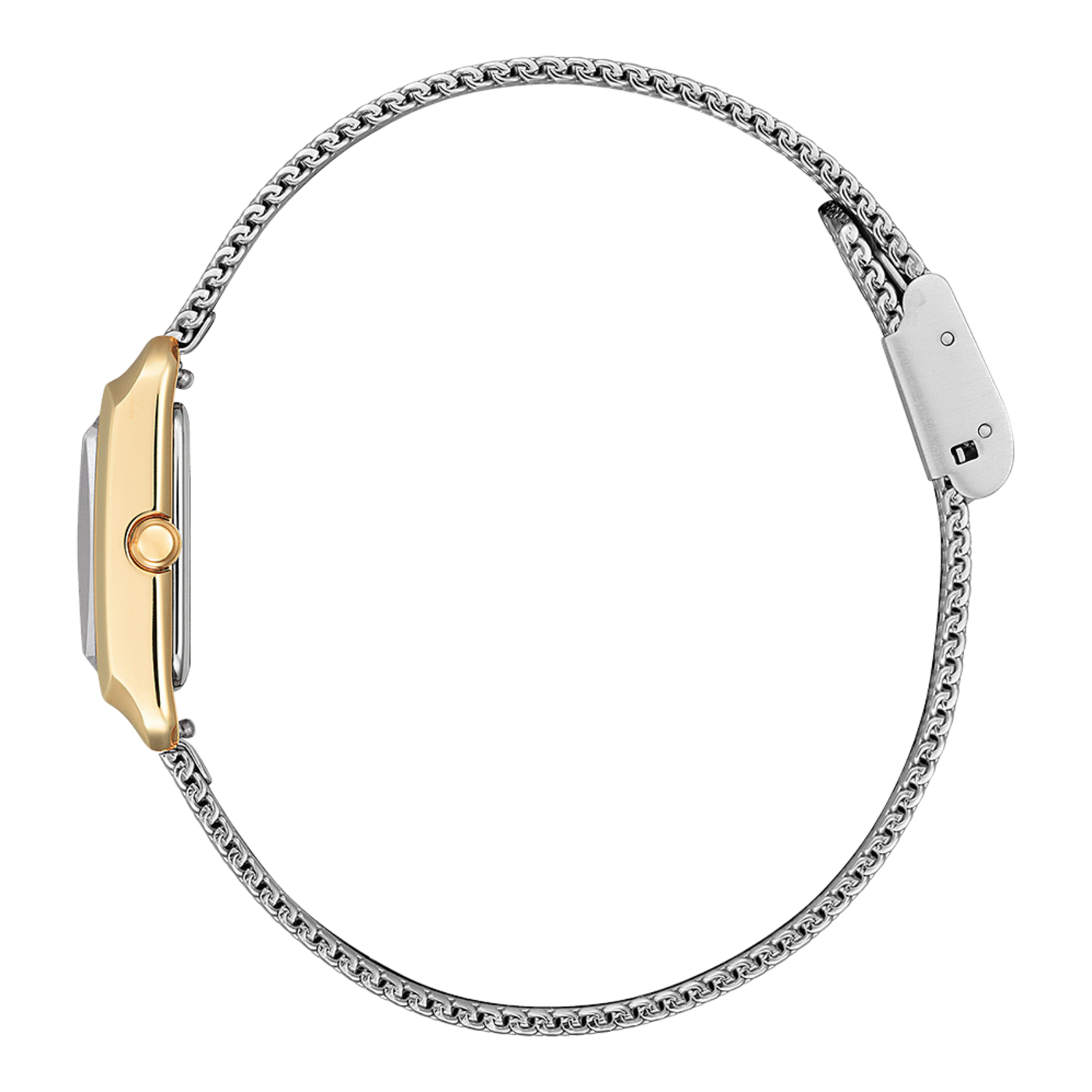 Seitenansicht einer goldenen Uhr mit silbernem Kettenarmband, isoliert.