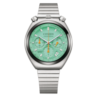 Eine mintgrüne Citizen-Chronographenuhr mit Edelstahlarmband.