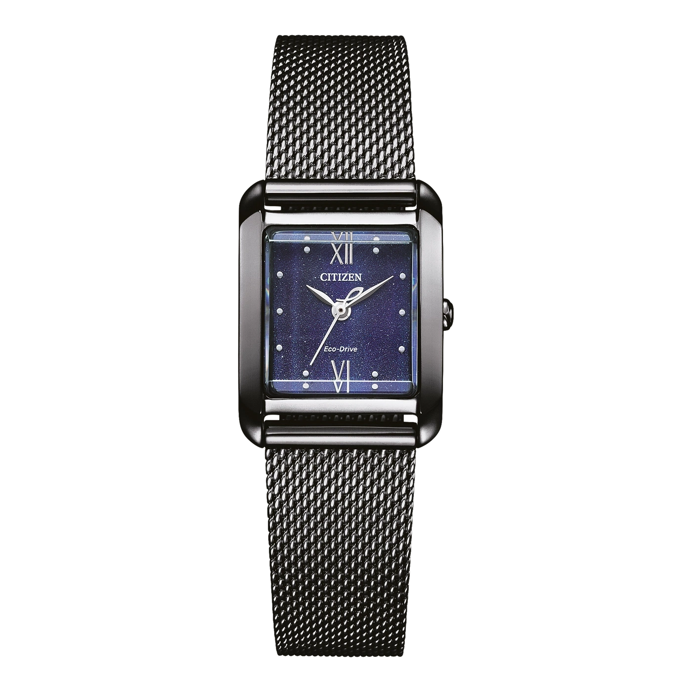 Citizen-Uhr mit schwarzem Mesh-Armband und blauem Zifferblatt mit römischen Ziffern.
