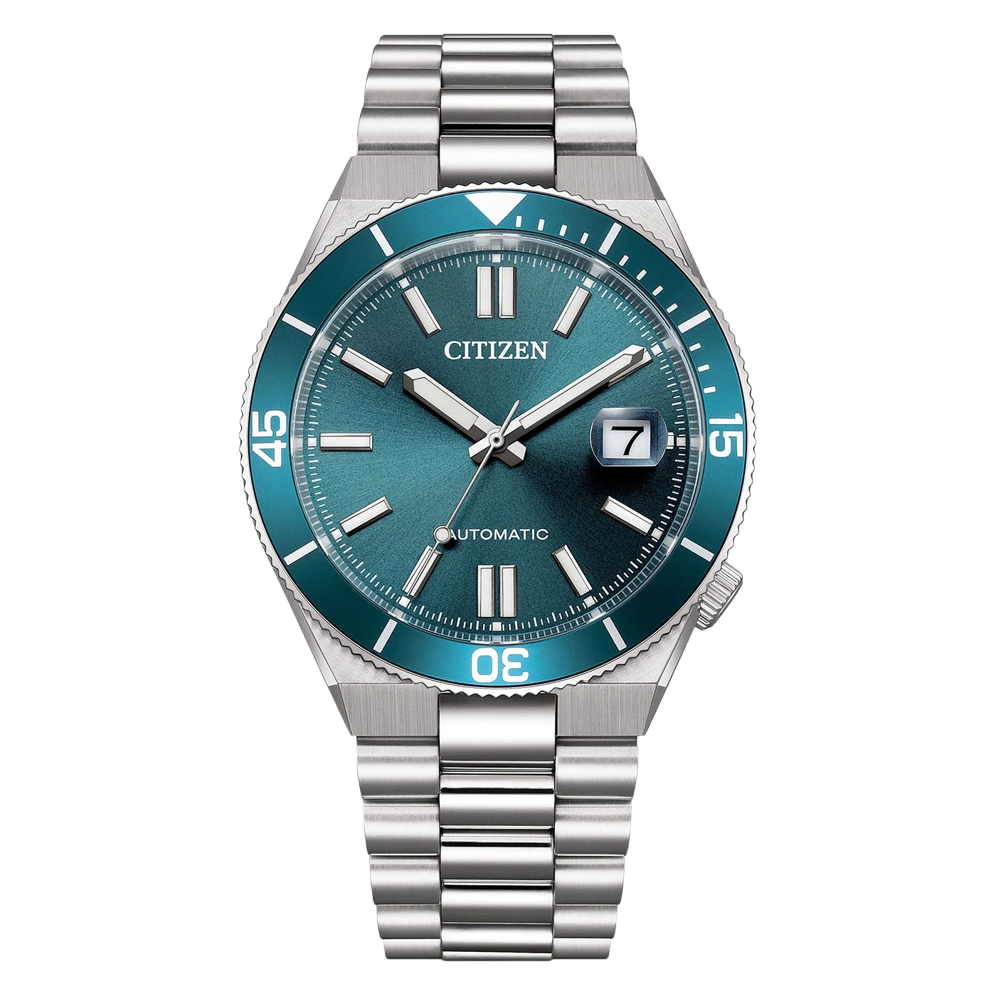 Nahaufnahme einer Citizen Automatik-Uhr mit blaugrünem Zifferblatt und silbernem Armband.