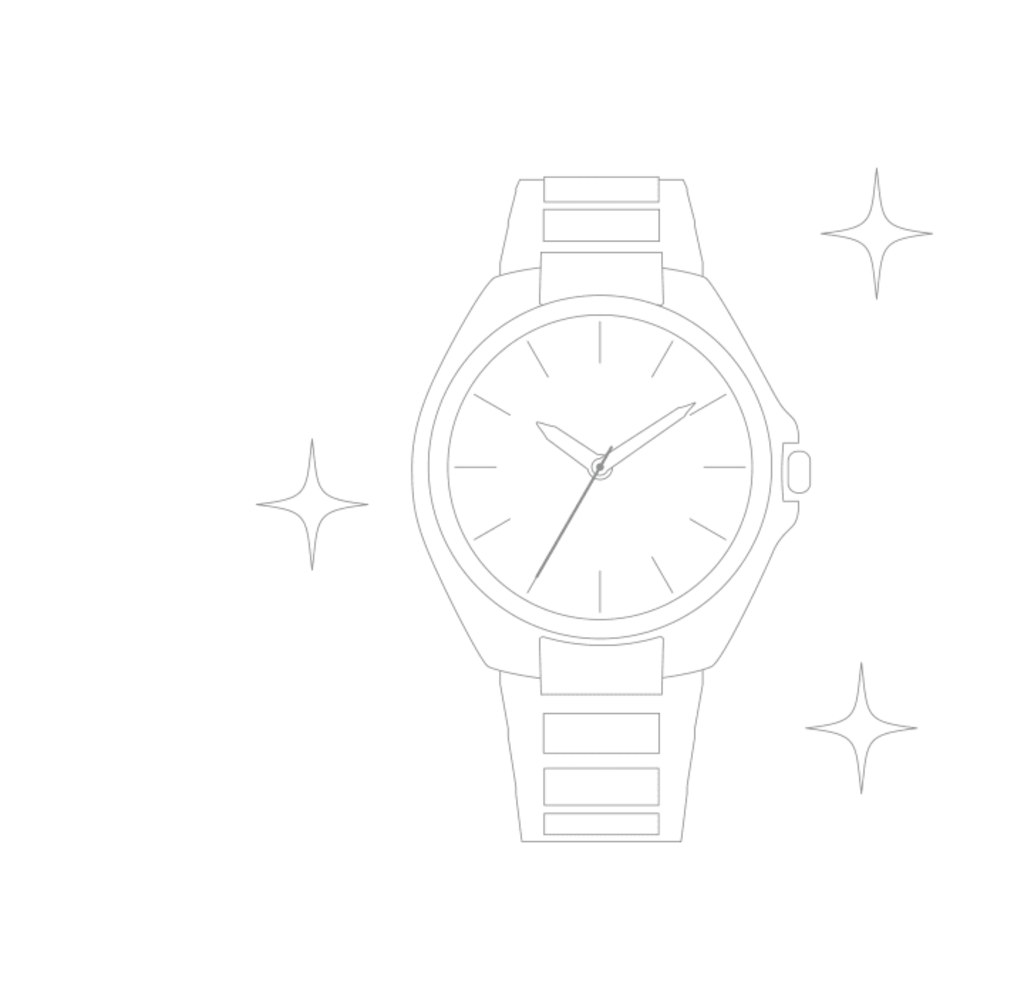 Eine Uhr mit Metallarmband und drei Glitzersternen drumherum.