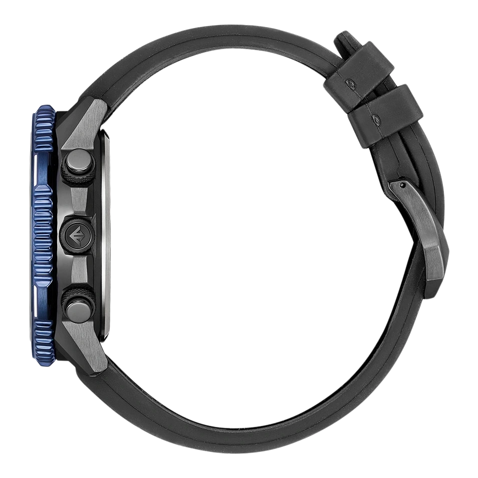 Seitenansicht einer schwarzen Uhr mit blauer Lünette und schwarzem Armband.