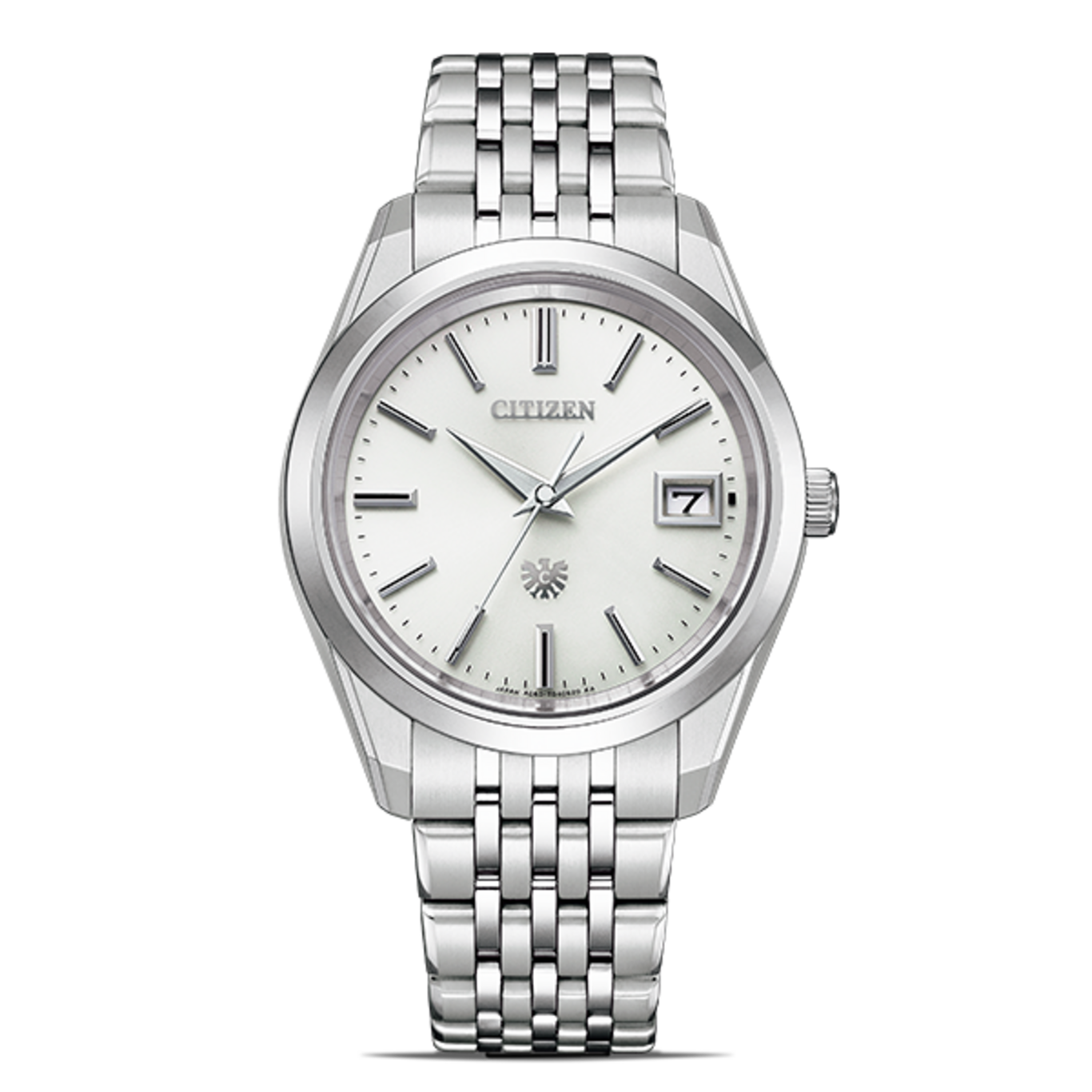 Citizen-Uhr mit silbernem Armband und weißem Zifferblatt, Datumsanzeige.