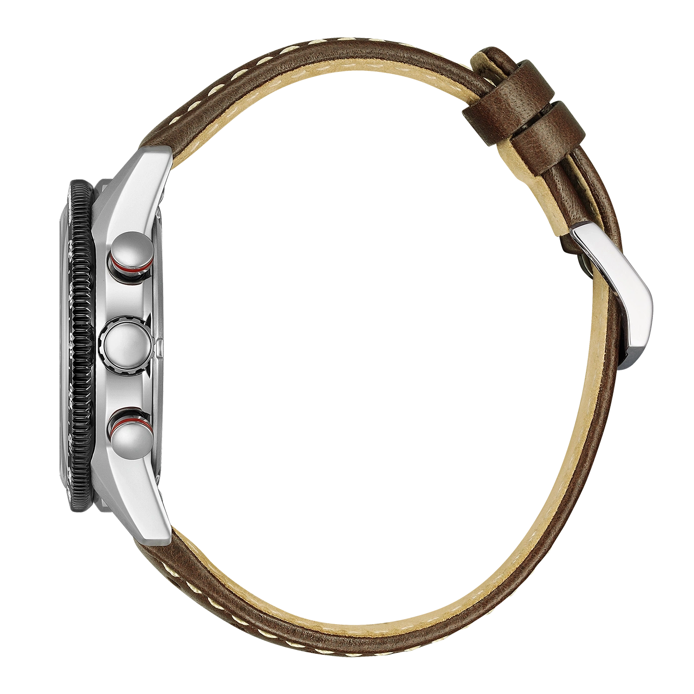 Seitenansicht einer silbernen Uhr mit braunem Lederarmband und weißen Nähten.