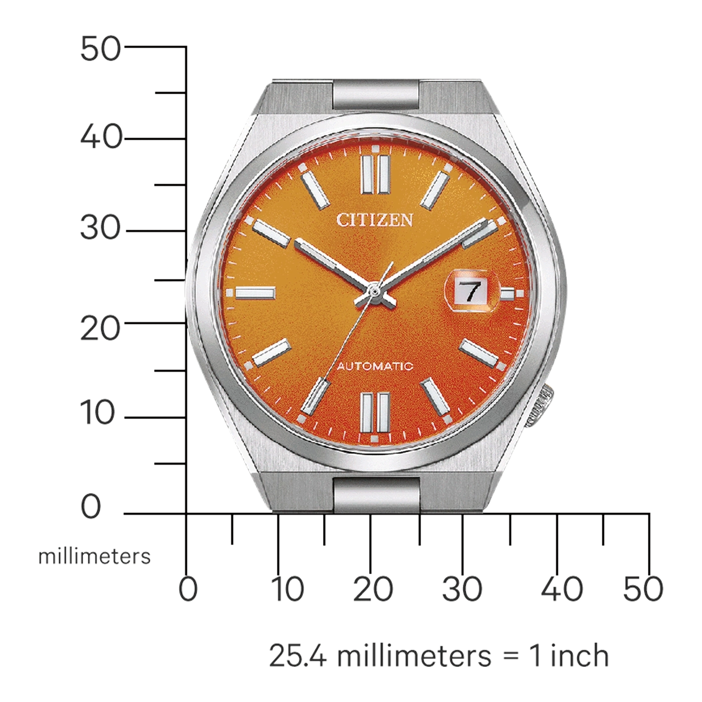 Citizen-Uhr mit orangefarbenem Zifferblatt, silbernem Gehäuse und Datumsanzeige.