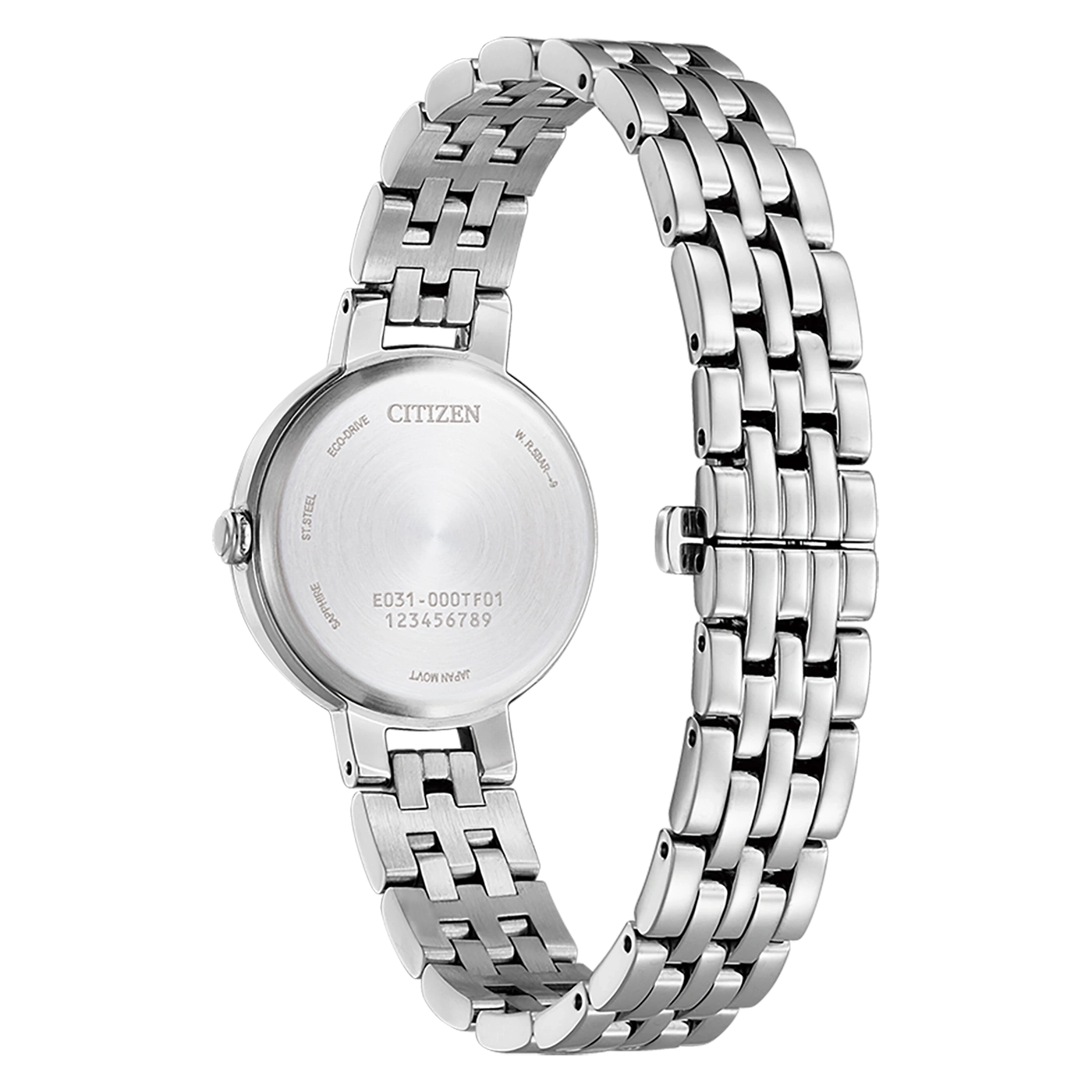 Citizen-Uhrenrückseite, Edelstahl, Eco-Drive, Saphir, Japan Movt, W.R.5Bar