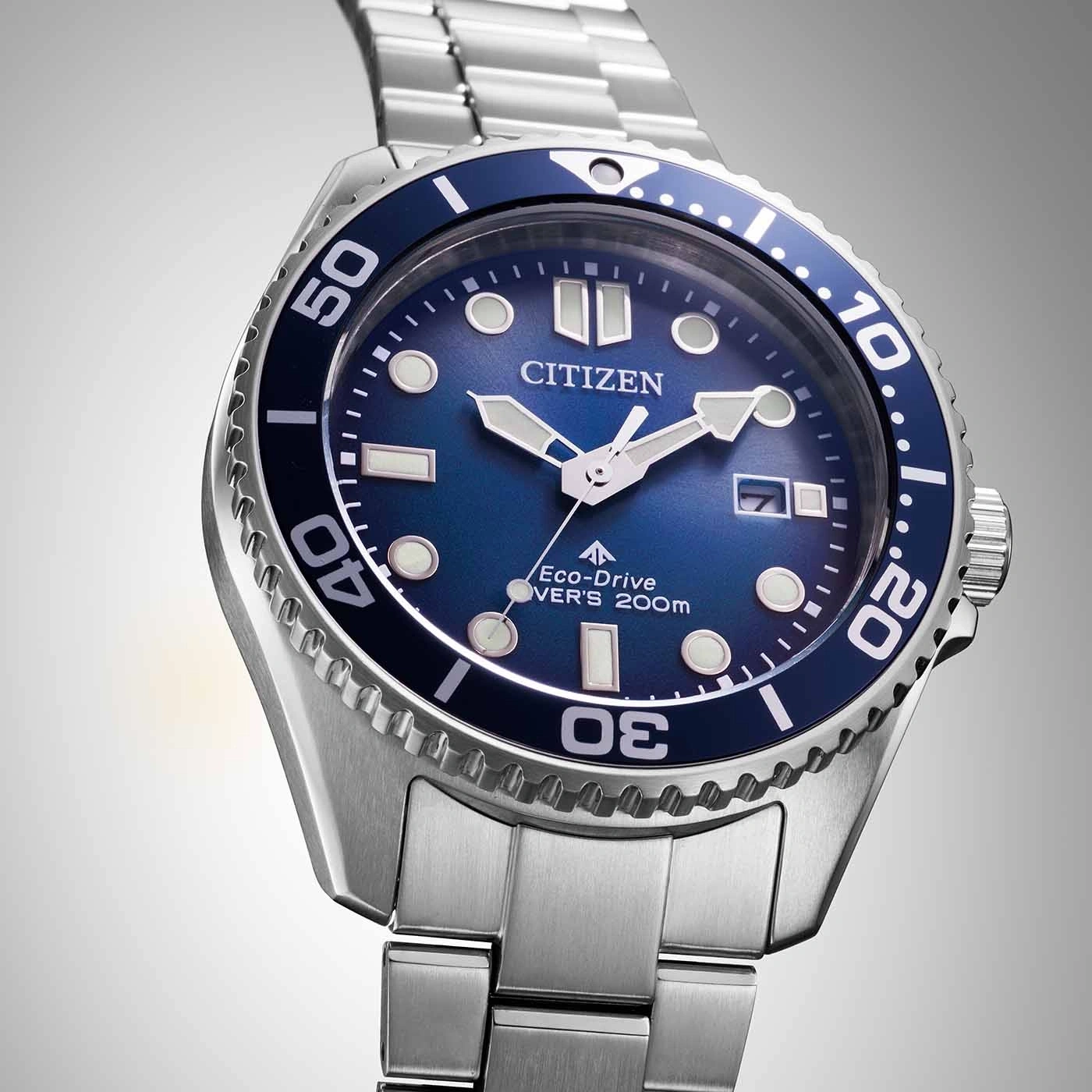 Citizen-Uhr mit blauem Zifferblatt und silbernem Armband, Eco-Drive, Taucheruhr