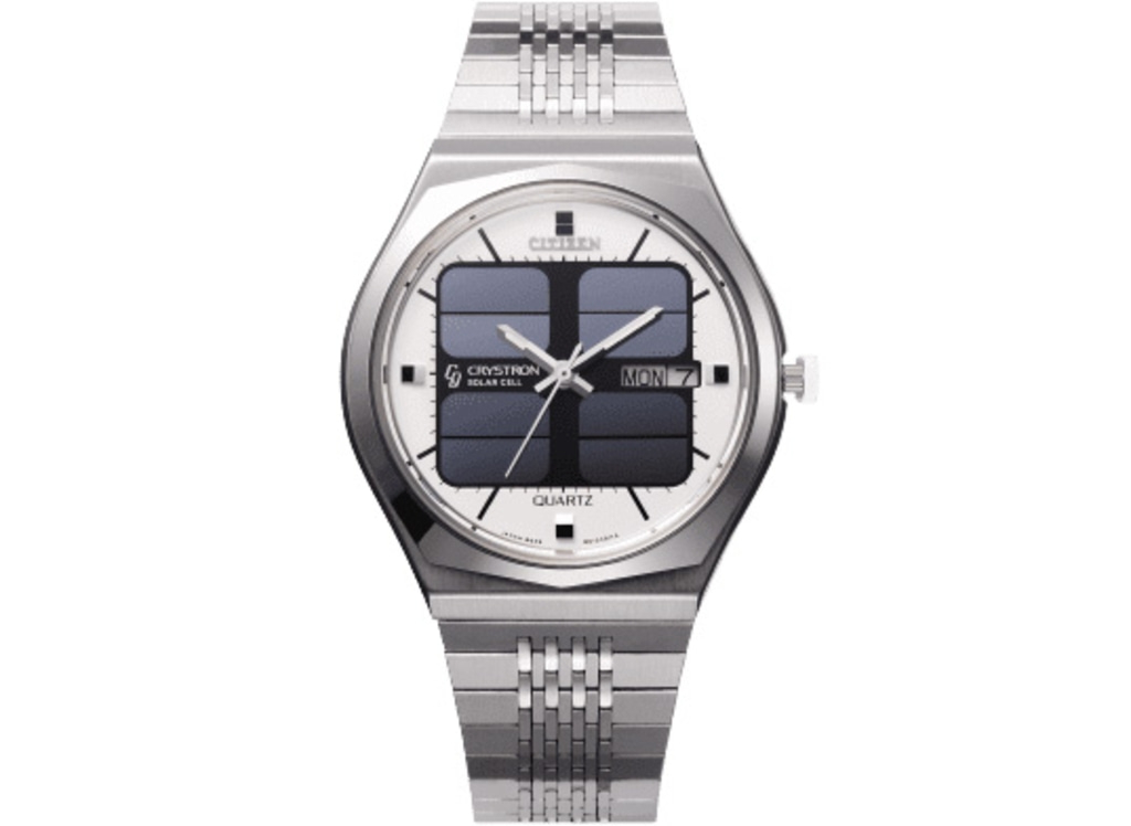 Citizen Crystron Solarzellen-Uhr mit silbernem Armband und weißem Zifferblatt