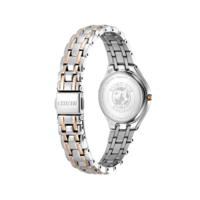 Citizen-Uhr, Rückseite, silbernes und roségoldenes Armband, Eco-Drive, wasserdicht.
