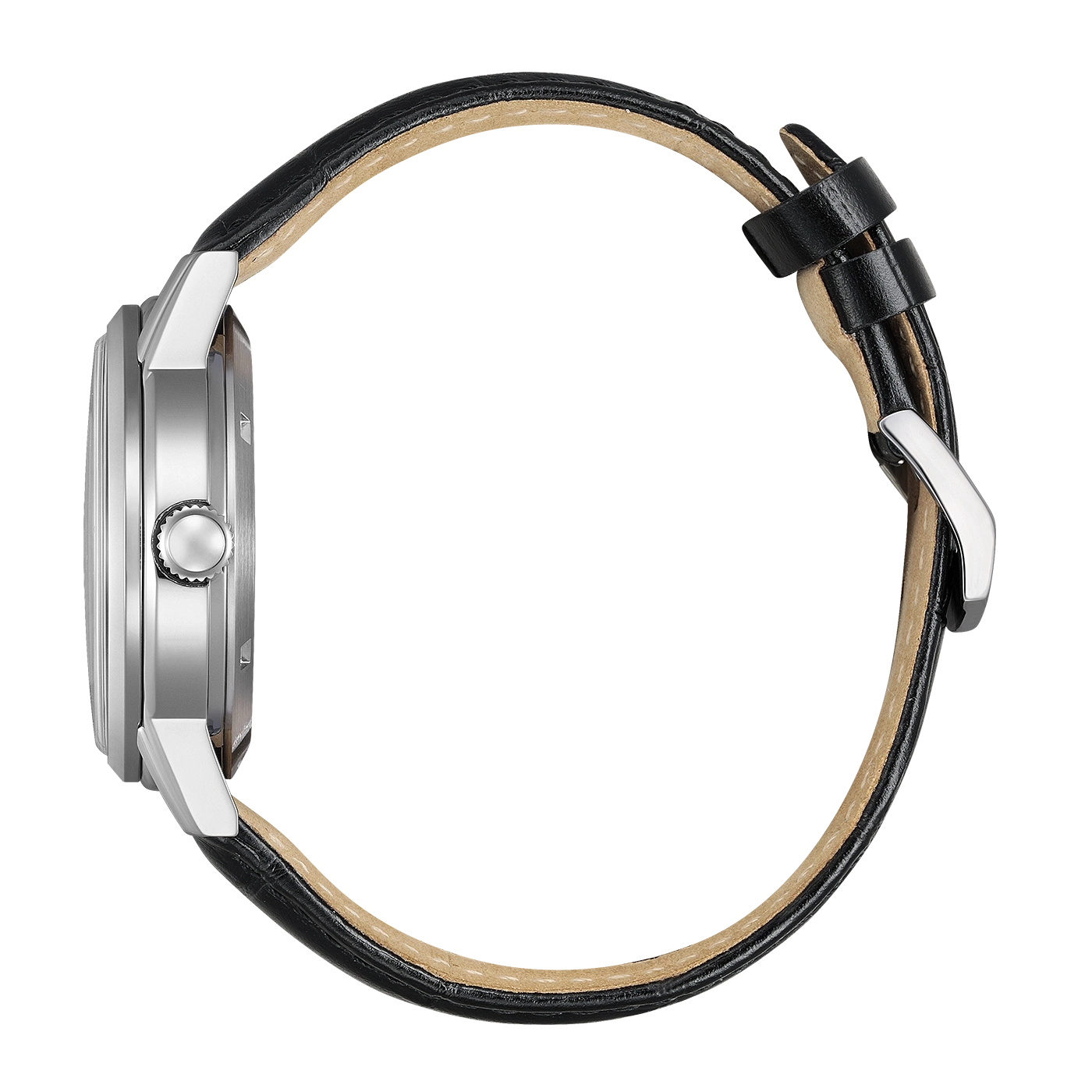 Seitenansicht eines schwarzen Lederarmbands mit silberner Schnalle.
