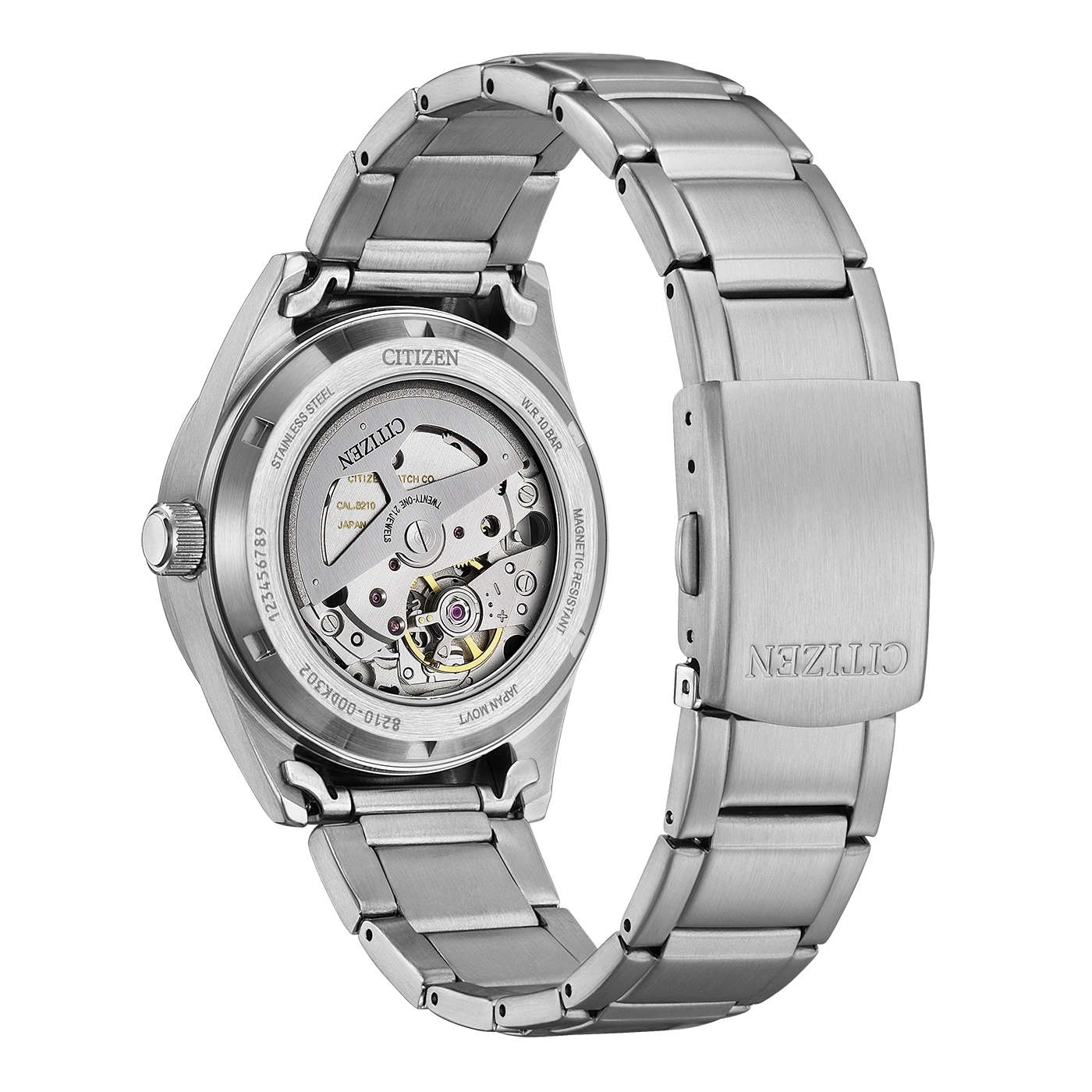 Rückansicht einer Citizen Automatik-Uhr mit Edelstahlarmband und sichtbarem Uhrwerk.