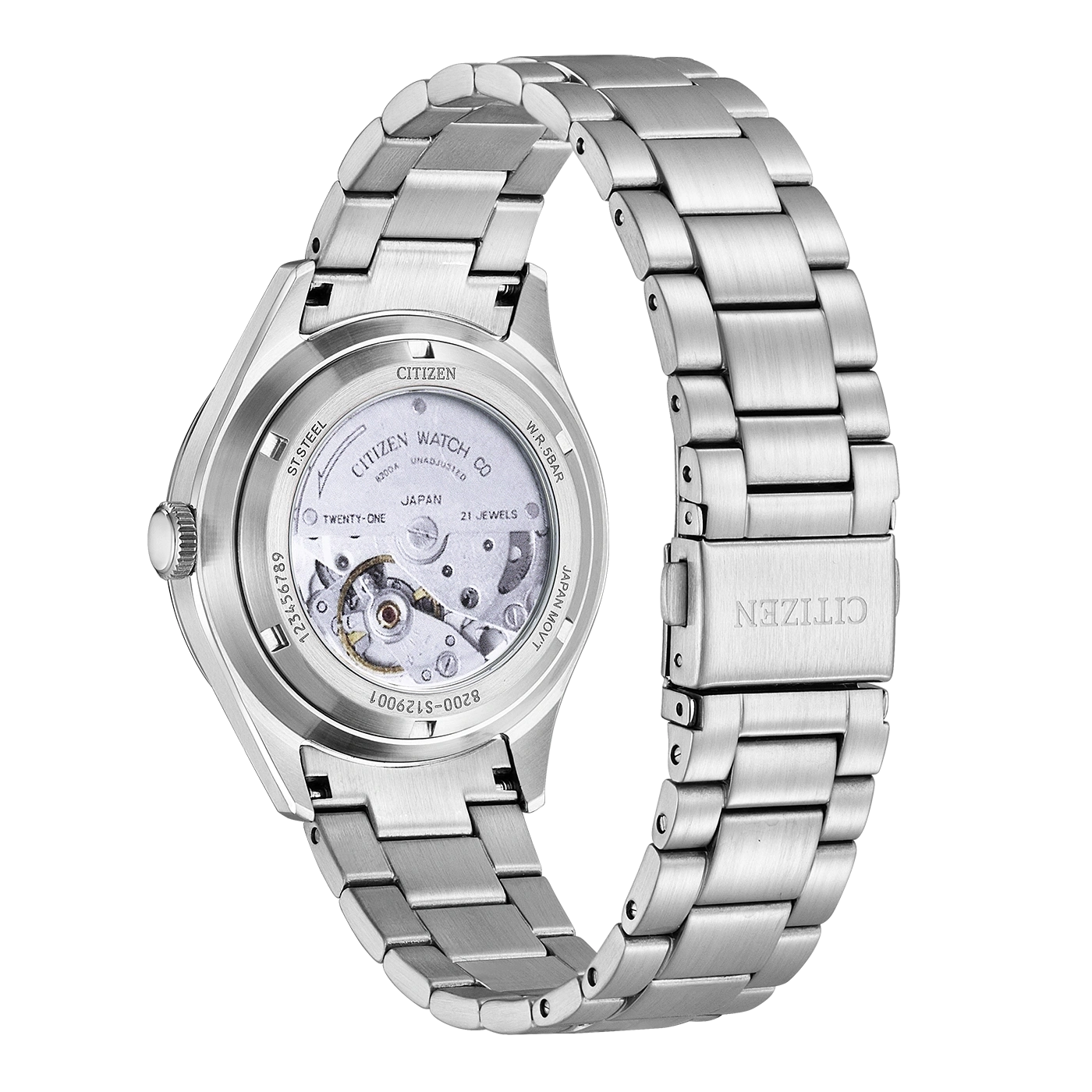 Eine gebürstete Citizen-Uhr mit skelettiertem Gehäuseboden, der das Uhrwerk und ein Metallarmband zeigt.