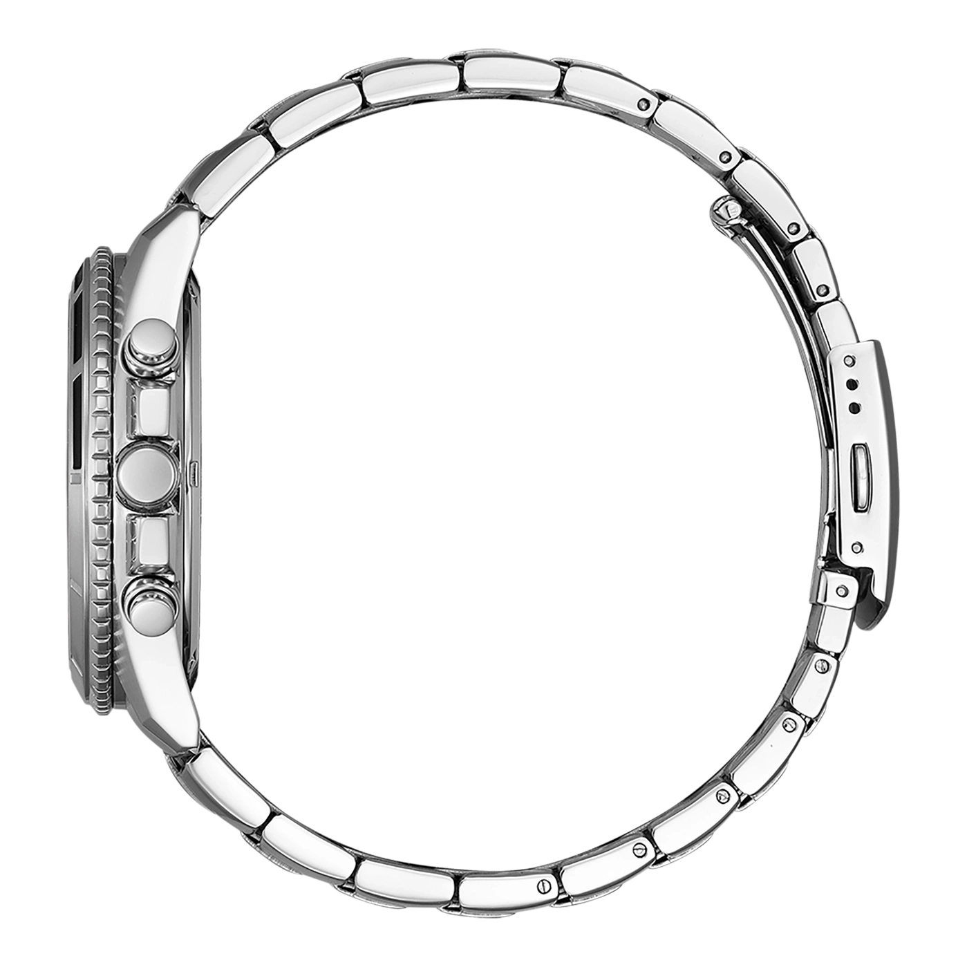 Silberne Uhr mit Metallarmband, Seitenansicht, Chronographen-Design, elegant und modern.