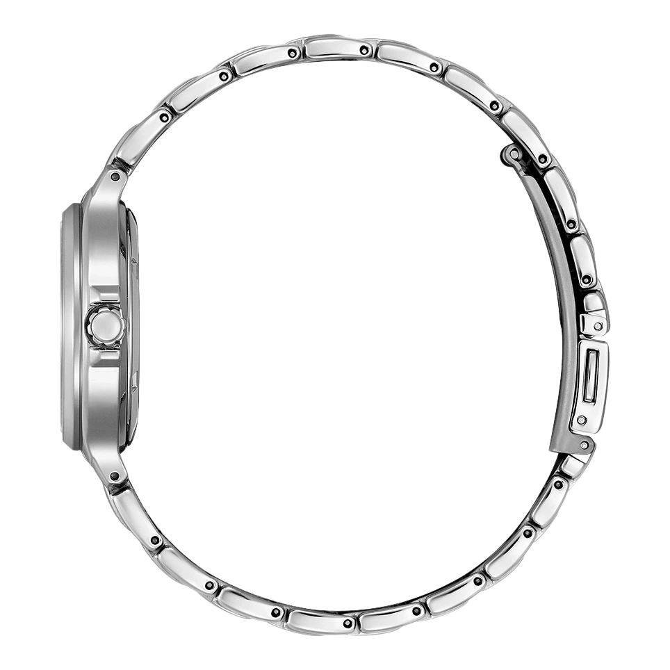 Silberne Uhr mit rundem Armband, Seitenansicht, isoliert auf weißem Hintergrund.