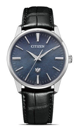 Citizen-Uhr mit blauem Zifferblatt und schwarzem Lederarmband.