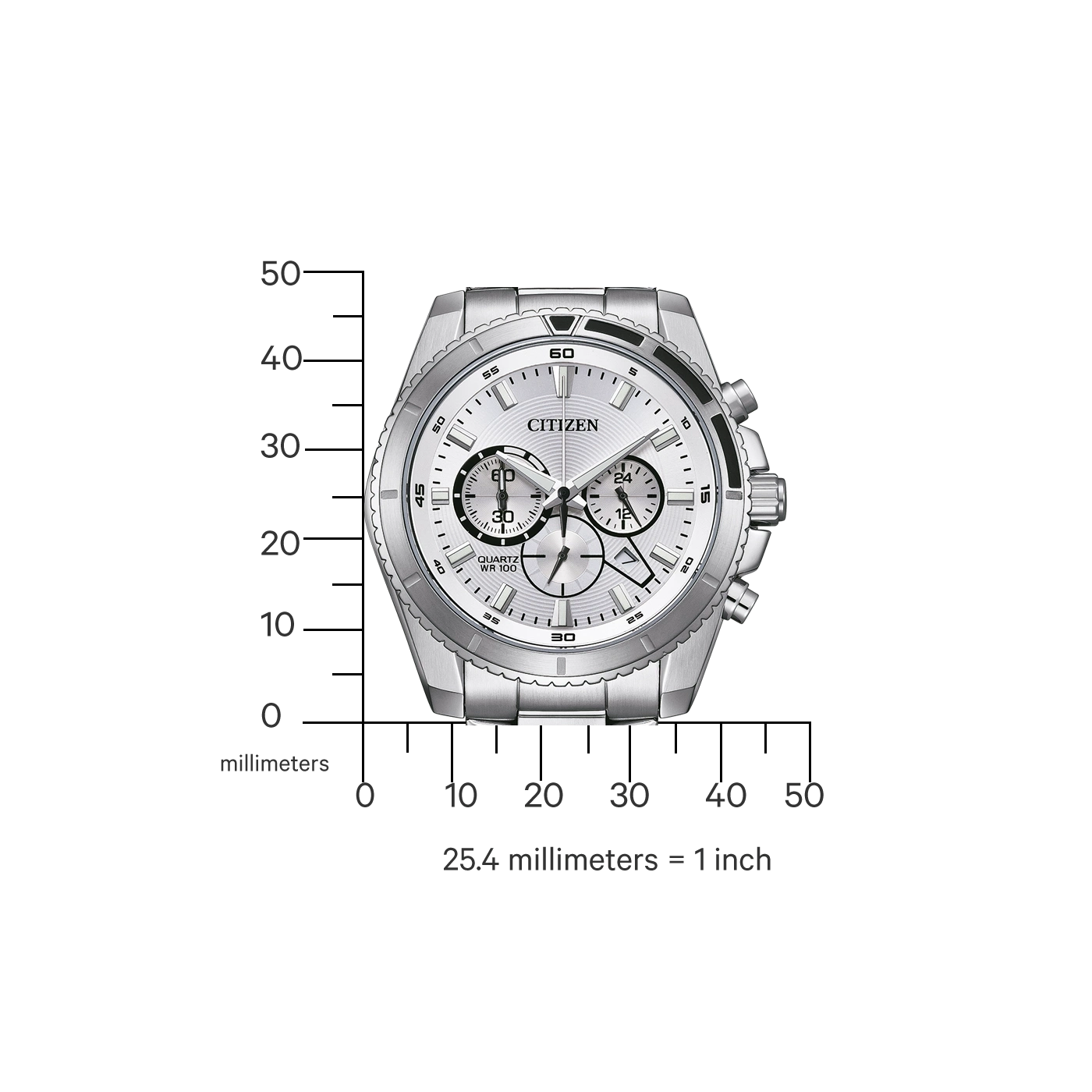 Citizen-Uhr mit silbernem Armband und weißem Zifferblatt, zeigt Zeit und Datum.