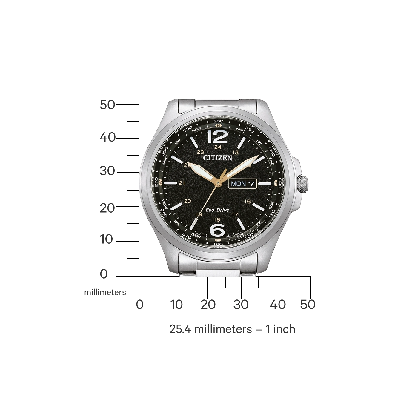 Citizen-Uhr mit schwarzem Zifferblatt, silbernem Armband und Datumsanzeige. Eco-Drive-Technologie.