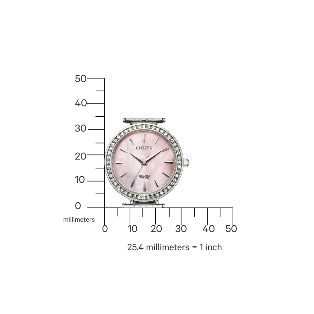 Citizen-Uhr mit rosa Zifferblatt und Diamantlünette, Messskala in Millimetern.