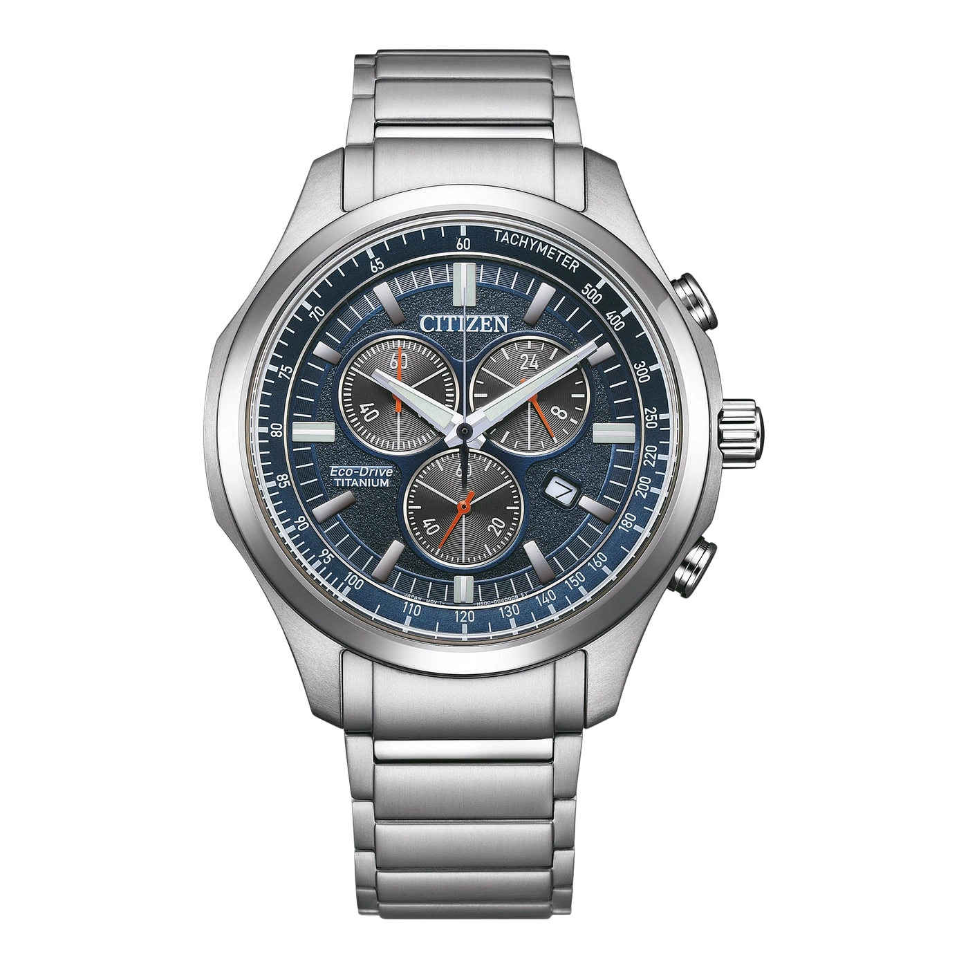 Citizen-Uhr mit blauem Zifferblatt, Tachymeter und Titanarmband. Eco-Drive-Technologie.
