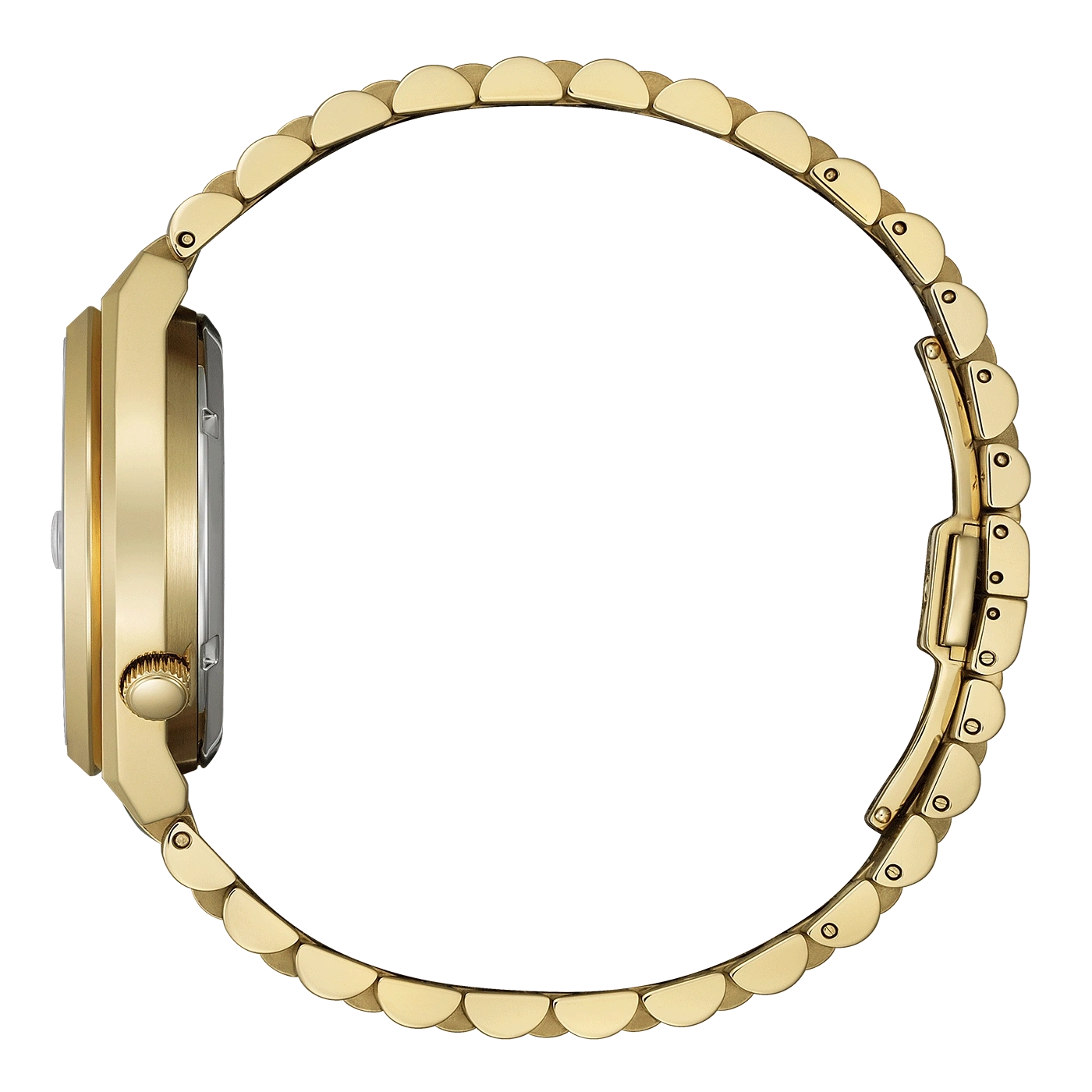 Goldene Uhr Seitenansicht, elegantes Design, kreisförmiges Armband, Luxus-Accessoire, Zeitmessgerät.